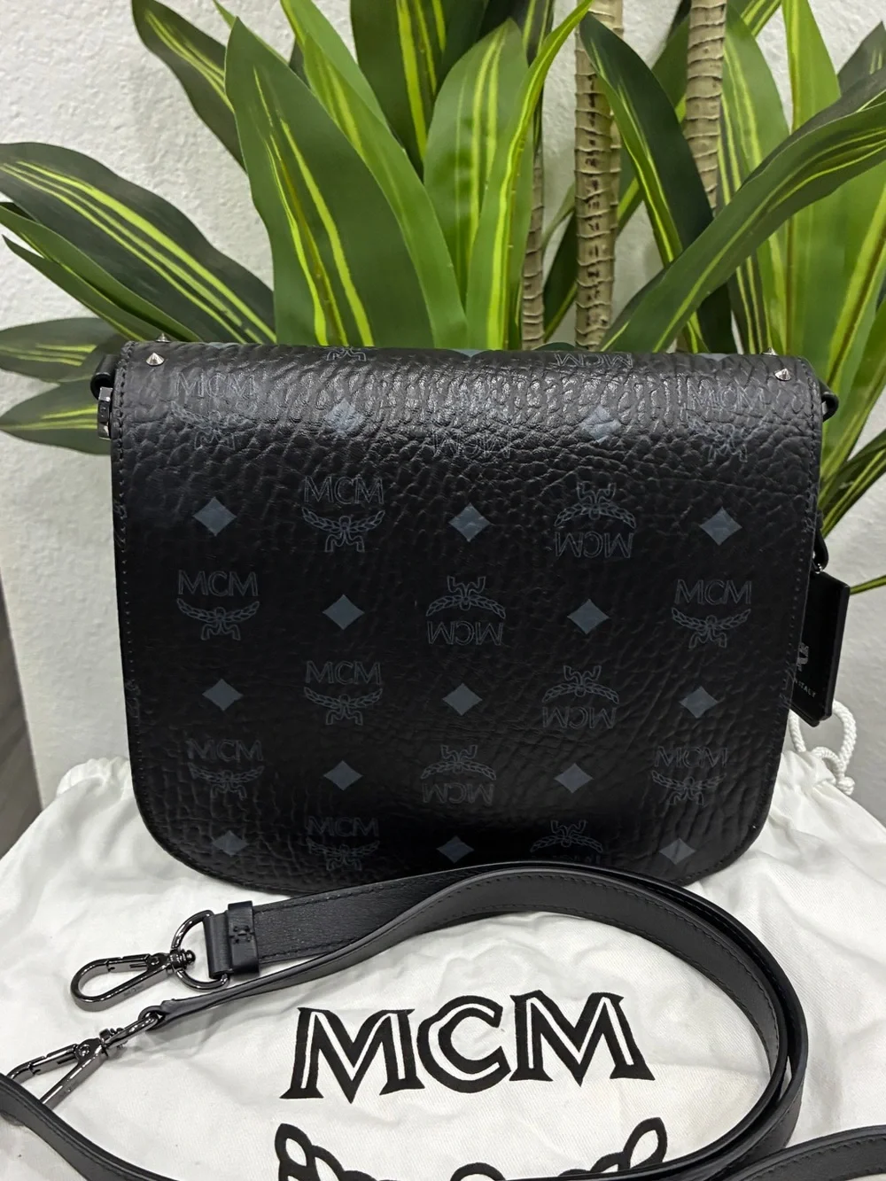 MCM Patricia Studded Leopard Haircalf Crossbody bag- Black Leather-preowned - Picture 3 of 9